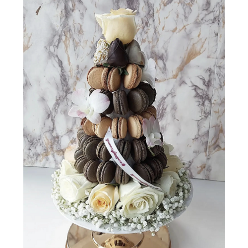 Brown Macaron with White Roses & Baby Breath Tower (Medium)